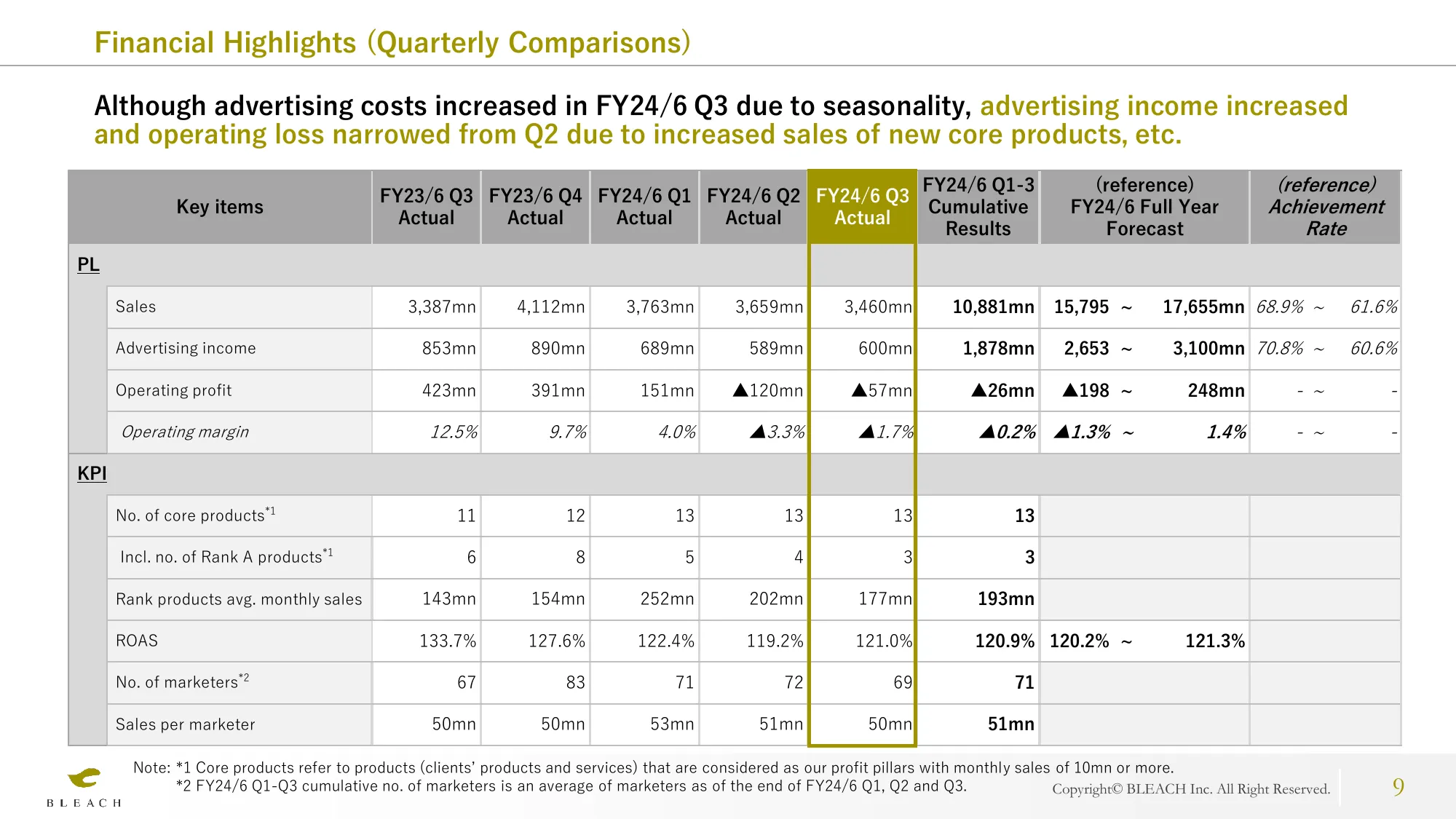 FY2024/6 Q3 Financial Results Presentation | Bleach, Inc.